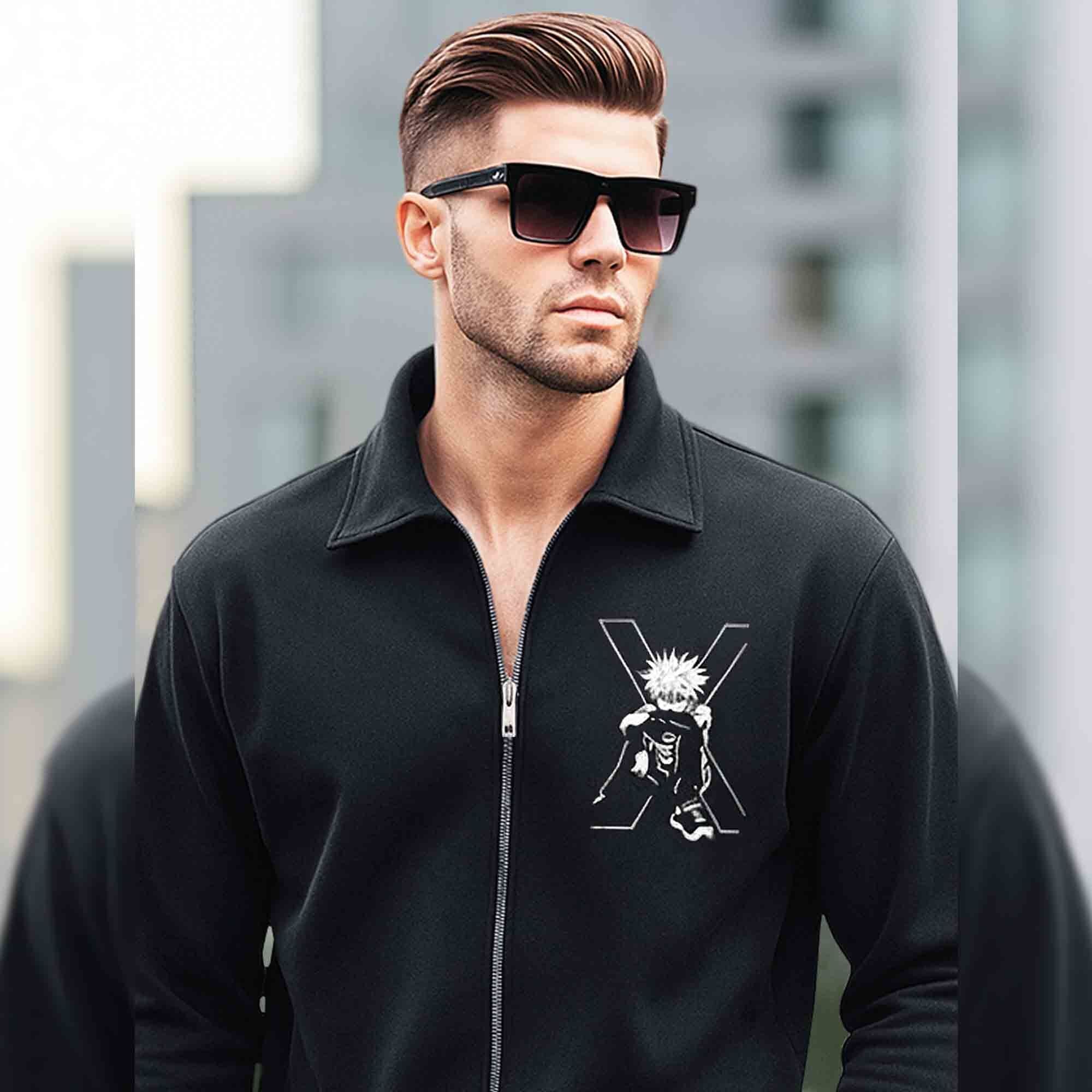 Mens Back Printed Polo Type Winter Jacket Black