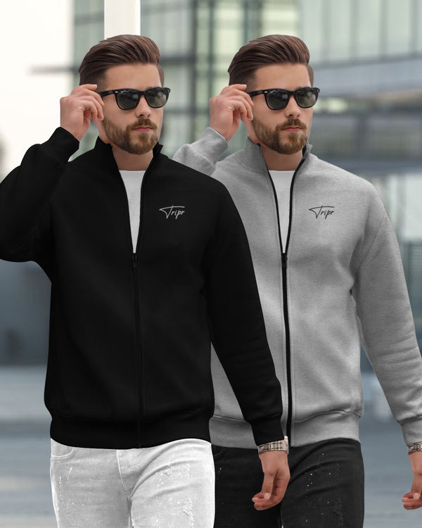 (Pack Of 2) Mens Henley Neck Plain Winter Jacket / Black & Grey