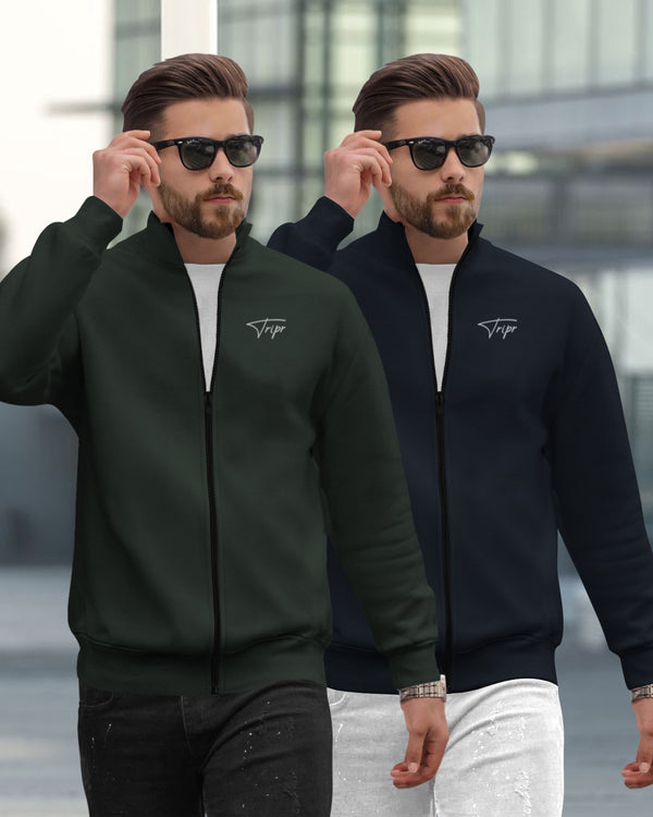 (Pack Of 2) Mens Henley Neck Plain Winter Jacket / Olivegreen & Navyblue