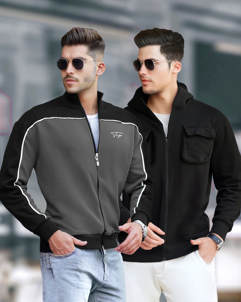 (Pack Of 2) Mens Henley Neck Winter Jacket / Dark Grey & Black