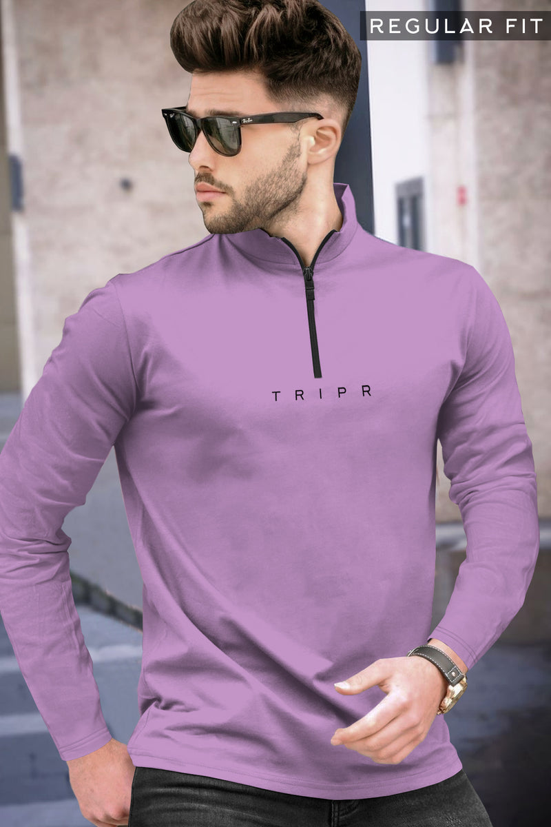 Men Solid Zip Neck Lavender T-Shirt