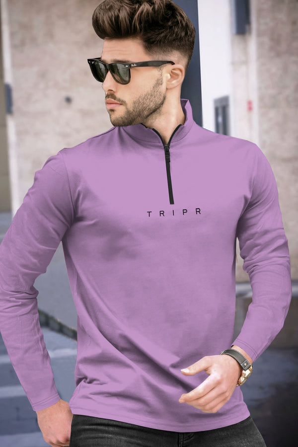 Men Solid Zip Neck Lavender T-Shirt