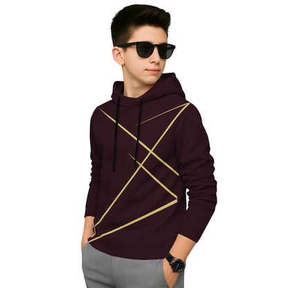 Boys Full Sleeve Maroon Zig Zag Graphic Printed  Hooded T-shirt