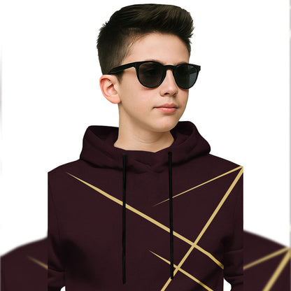 Boys Full Sleeve Maroon Zig Zag Graphic Printed  Hooded T-shirt
