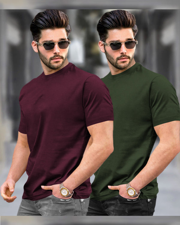 Mens Half Sleeve Plain Round Neck T-shirts (Pack Of 2) / Maroon & Olive