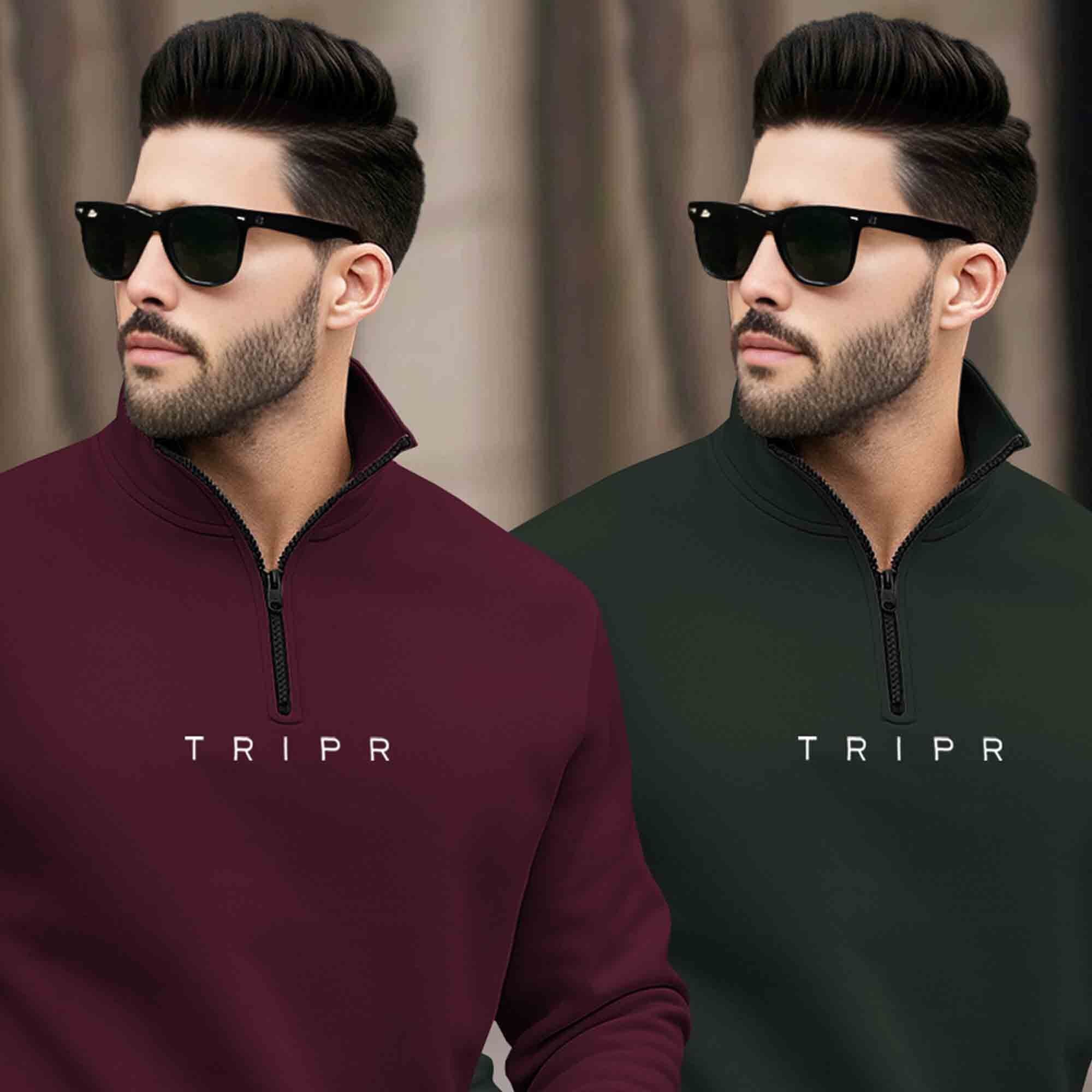 (Pack of 2) Mens Plain High Neck Sweatshirts / Maroon & Olivegreen