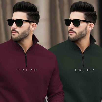 (Pack of 2) Mens Plain High Neck Sweatshirts / Maroon & Olivegreen