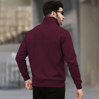Men Plain Zipper High Neck Casual Sweatshirt / Maroon
