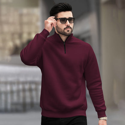 Men Plain Zipper High Neck Casual Sweatshirt / Maroon