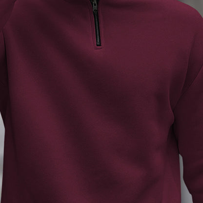 Men Plain Zipper High Neck Casual Sweatshirt / Maroon