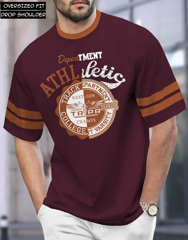 Men Printed, Typography Drop Shoulder Maroon T-Shirt