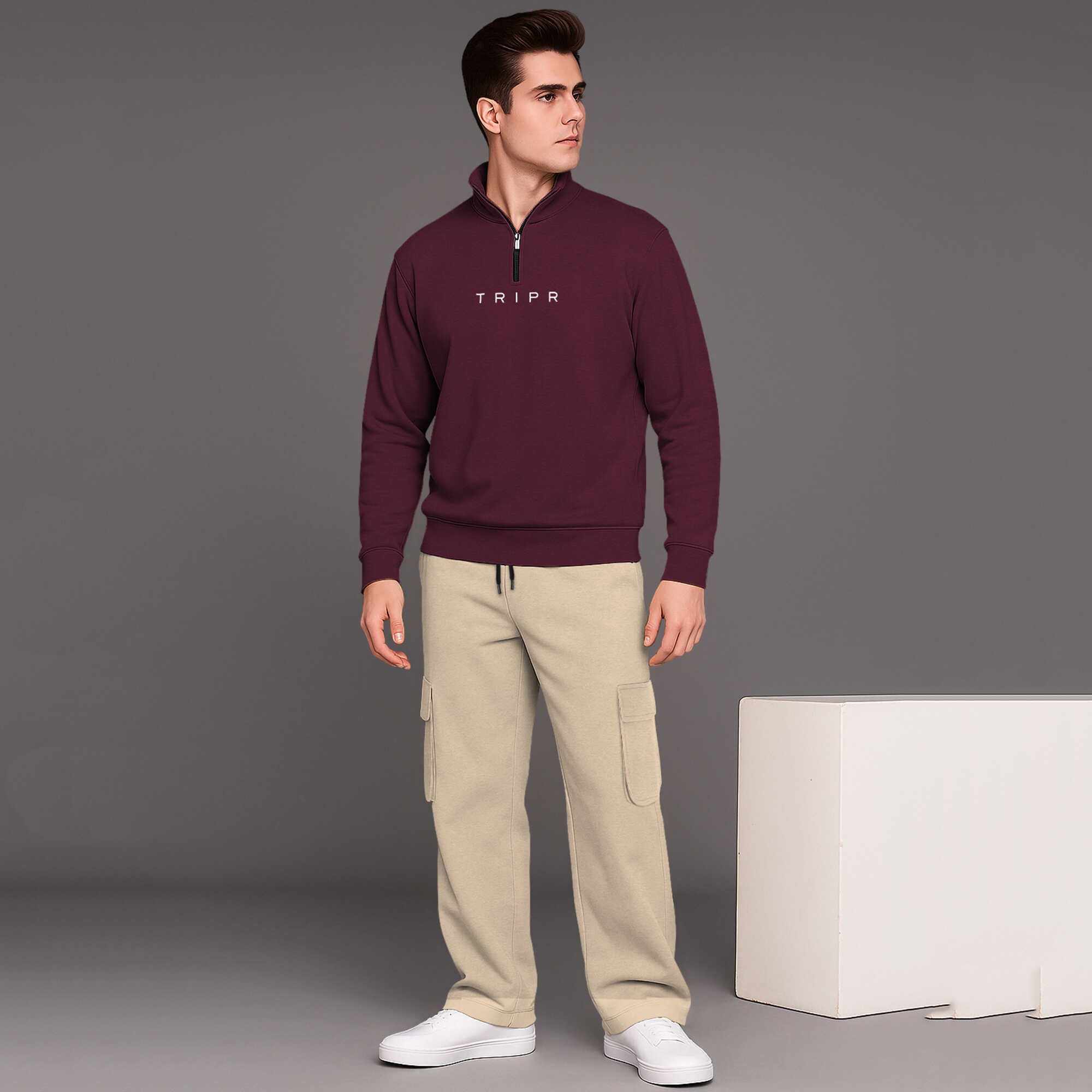 Maroon High Neck Plain Sweatshirt With Beige baggy Cargo Tracksuit