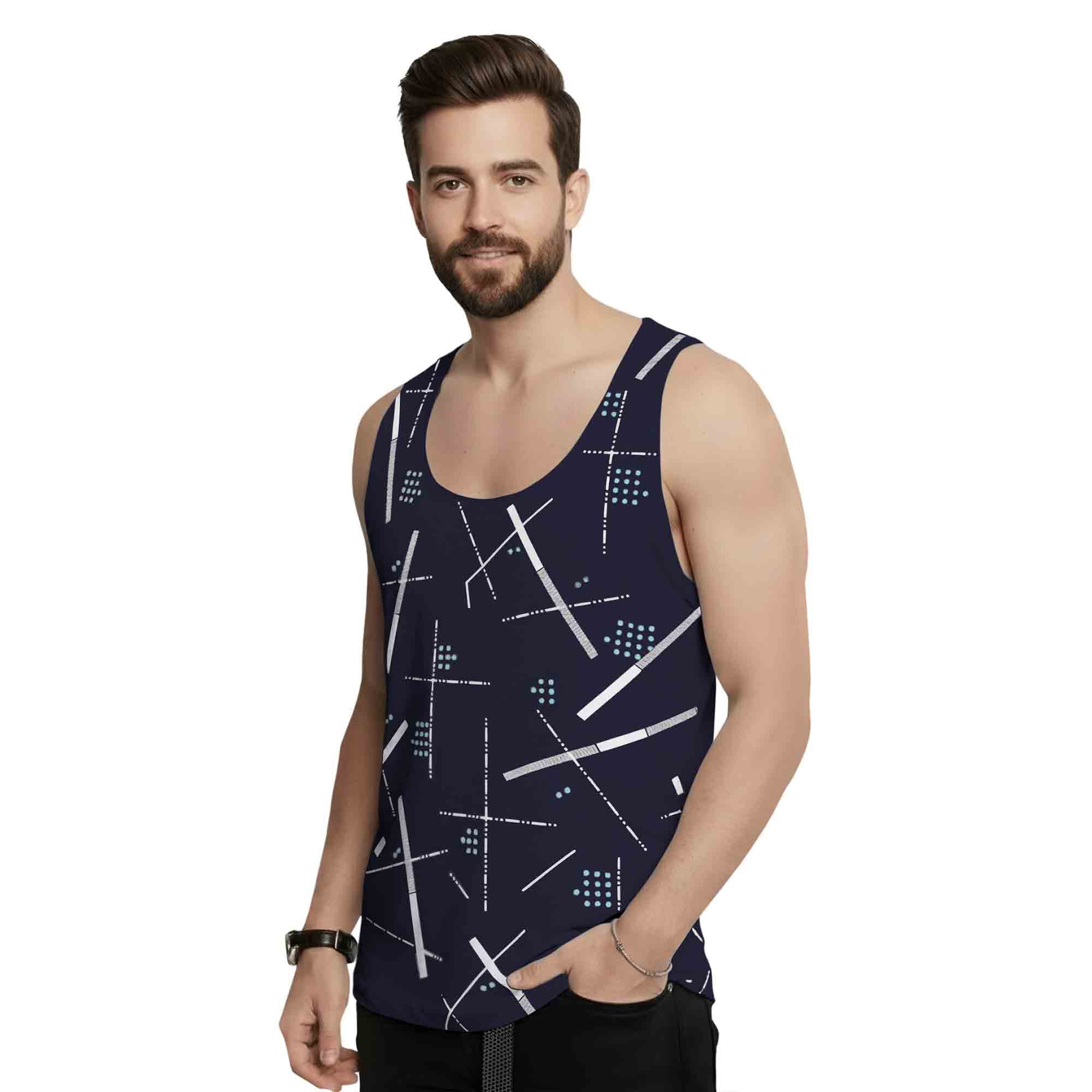 Men Abstact Printed Sleeveless Dark Blue Vest