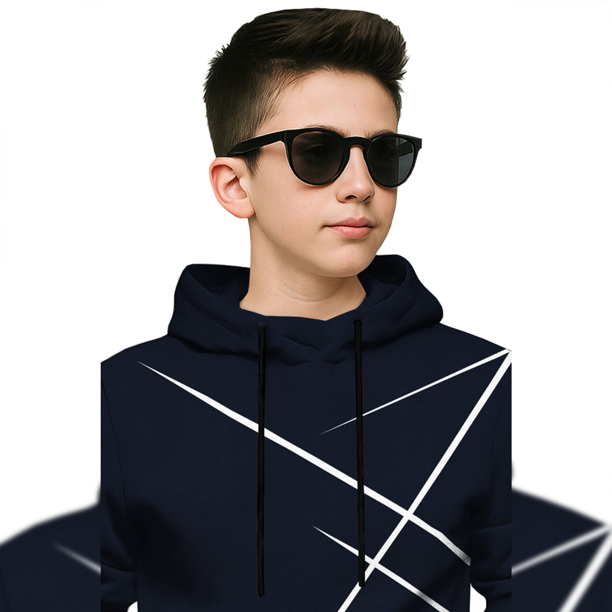 Boys Full Sleeve Navy Blue Zig Zag Graphic Printed  Hooded T-shirt