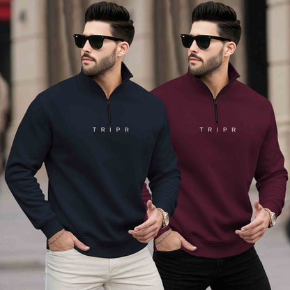 (Pack of 2) Mens Plain High Neck Sweatshirts Navy & Maroon