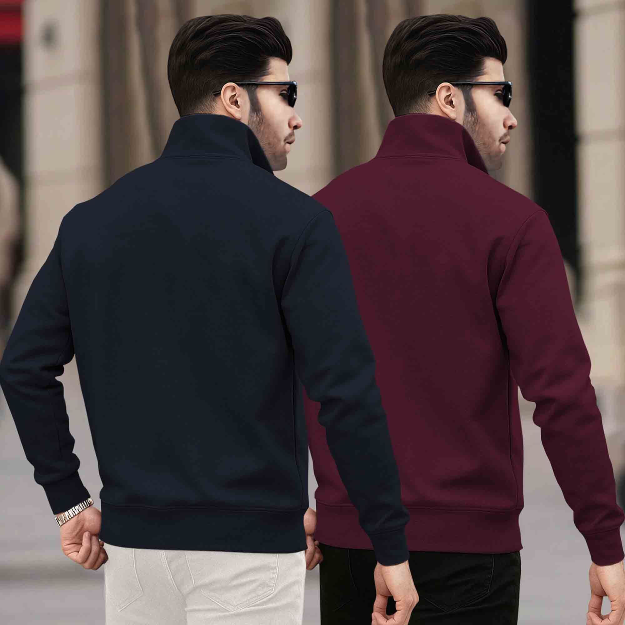 (Pack of 2) Mens Plain High Neck Sweatshirts Navy & Maroon