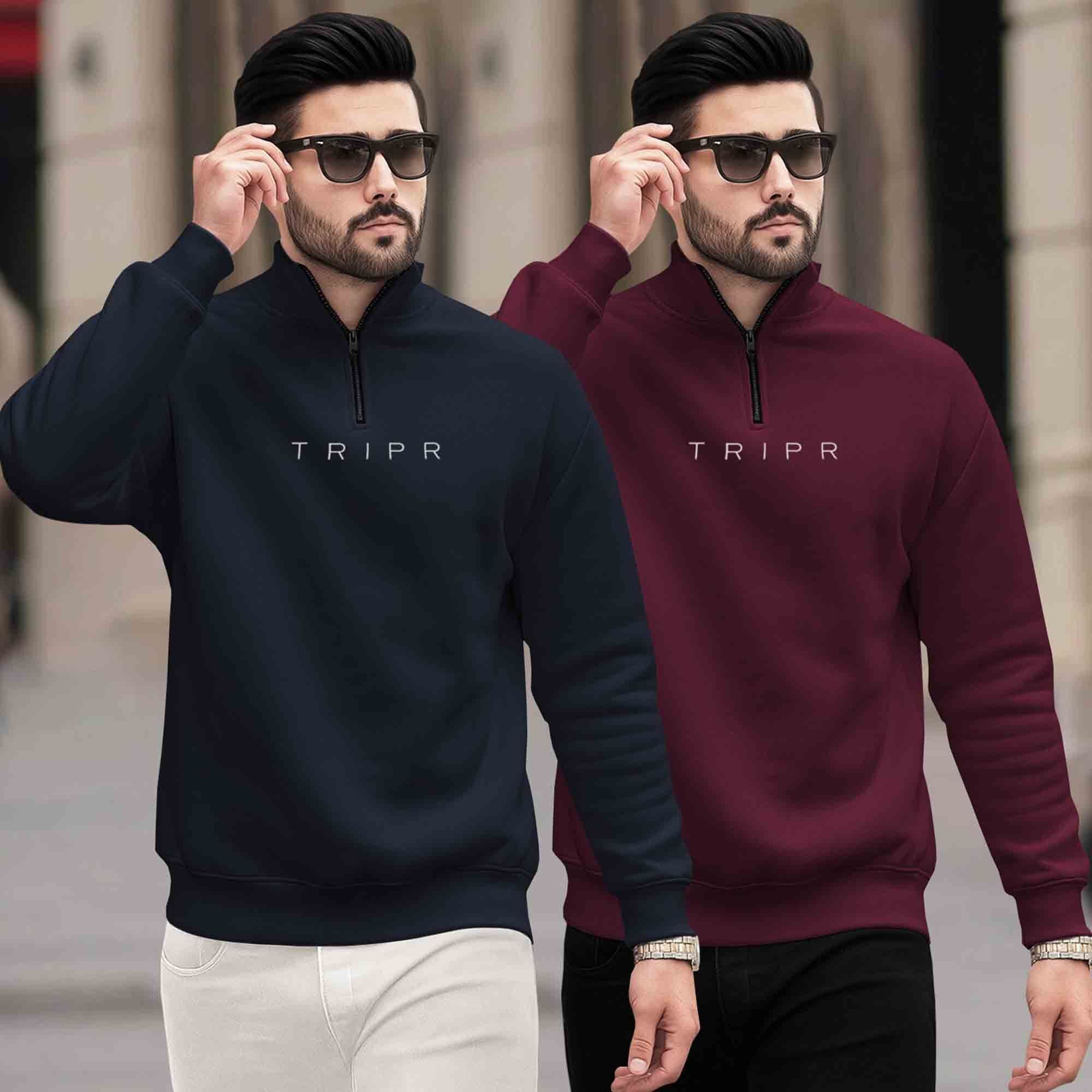 (Pack of 2) Mens Plain High Neck Sweatshirts Navy & Maroon
