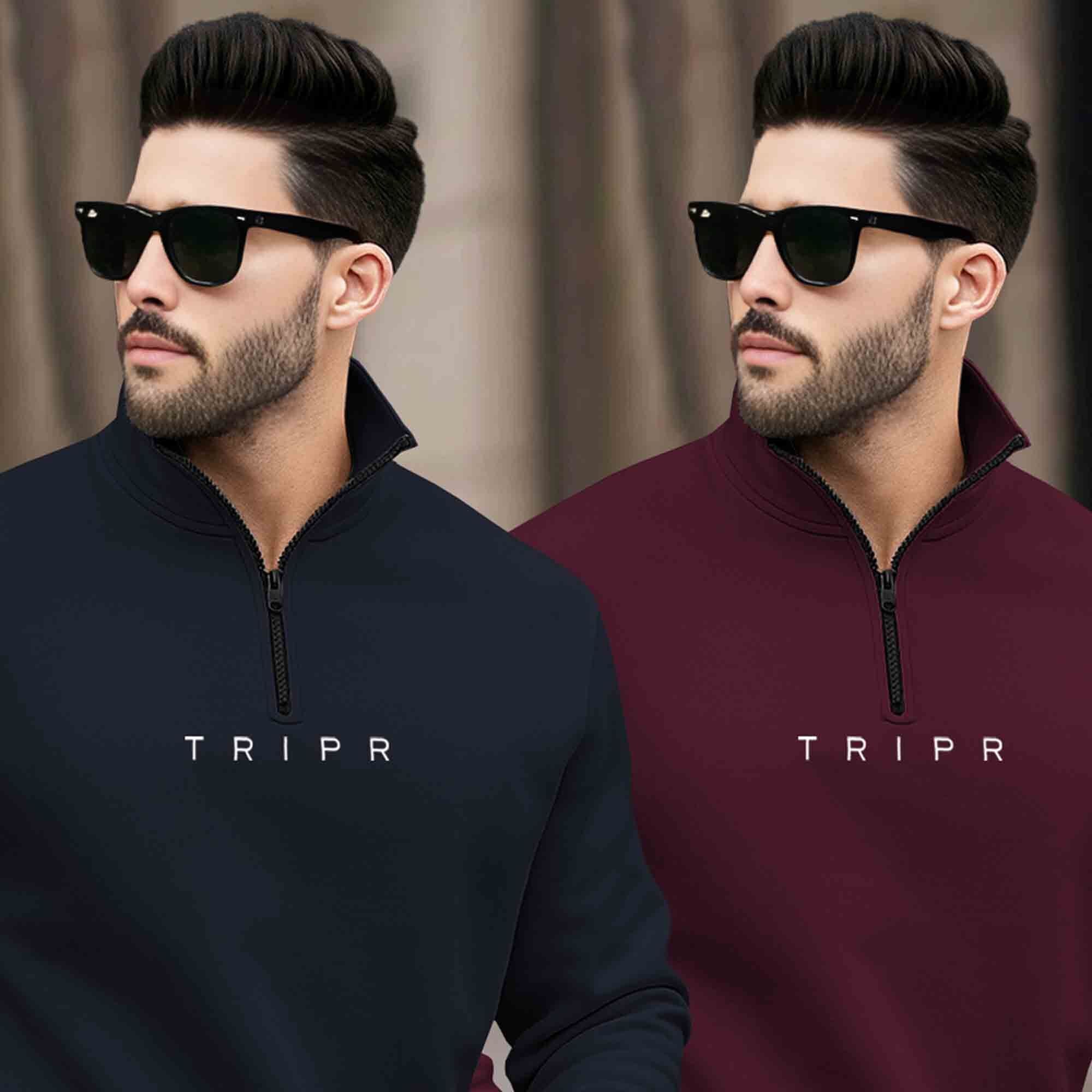 (Pack of 2) Mens Plain High Neck Sweatshirts Navy & Maroon