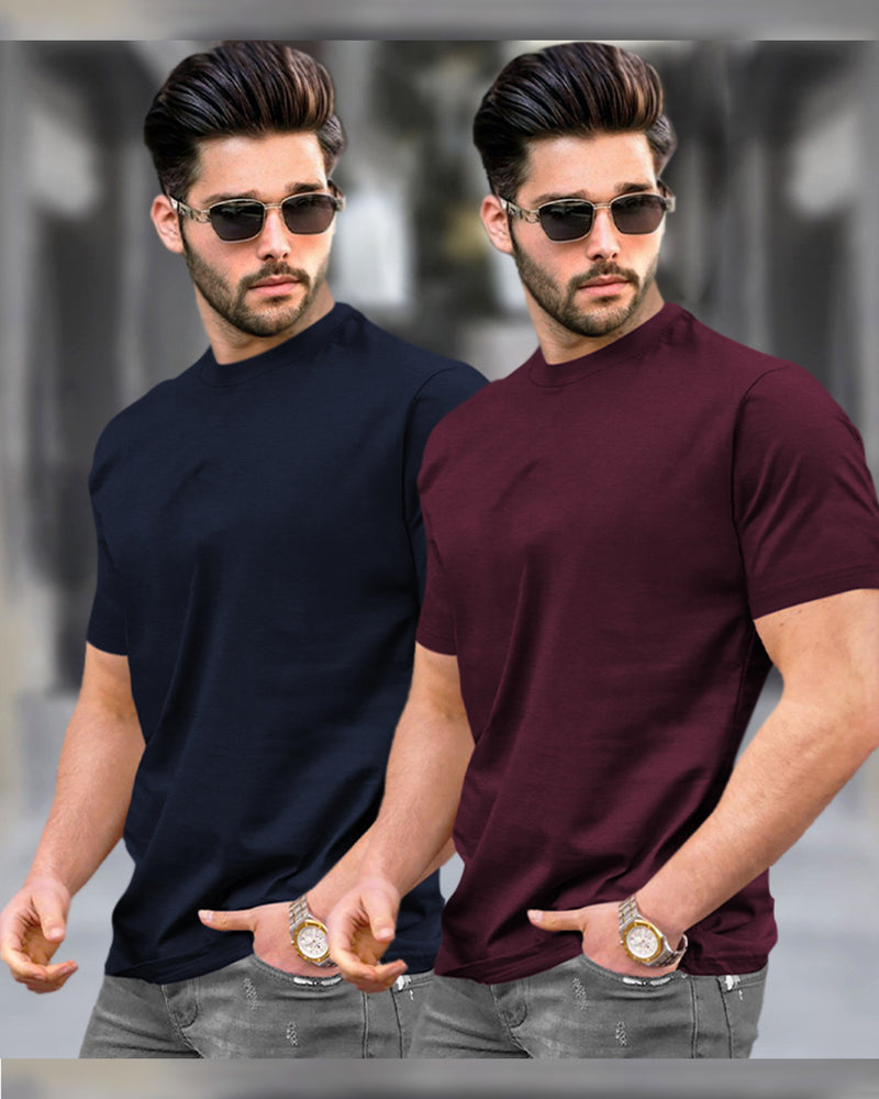 Mens Half Sleeve Plain Round Neck T-shirts (Pack Of 2) / Navy & Maroon