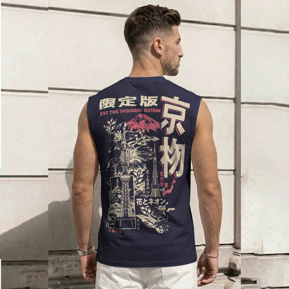 Men Back Printed Round Neck Vest Navyblue