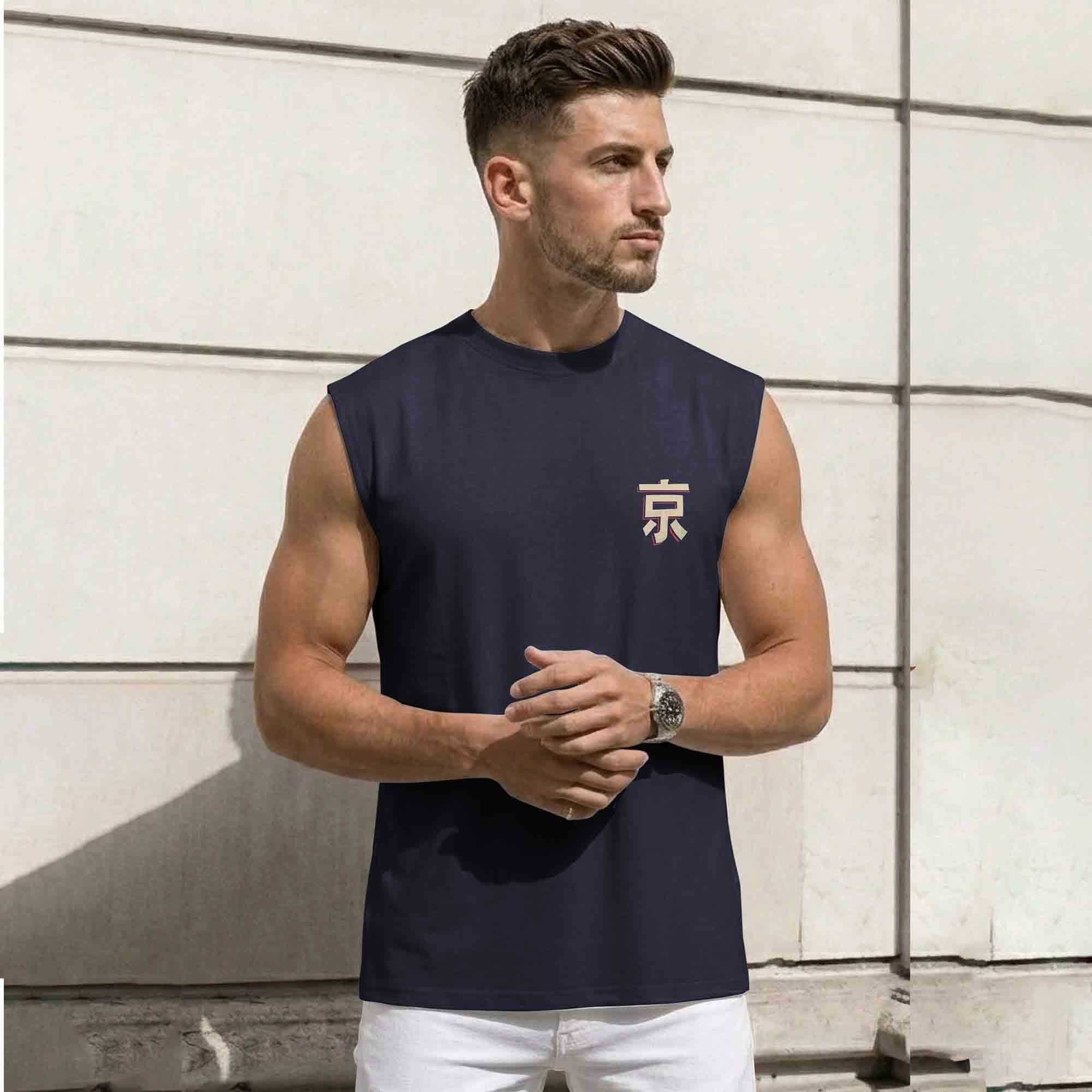 Men Back Printed Round Neck Vest Navyblue