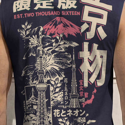 Men Back Printed Round Neck Vest Navyblue