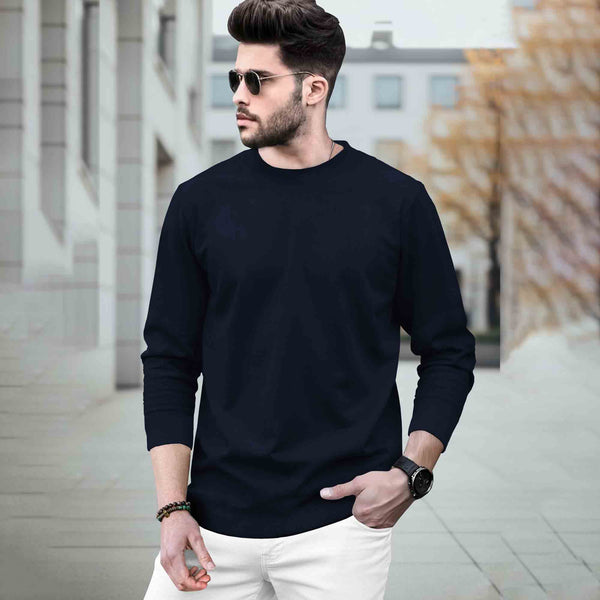 Mens Round Neck Full Sleeve Plain Navy Blue T-shirt