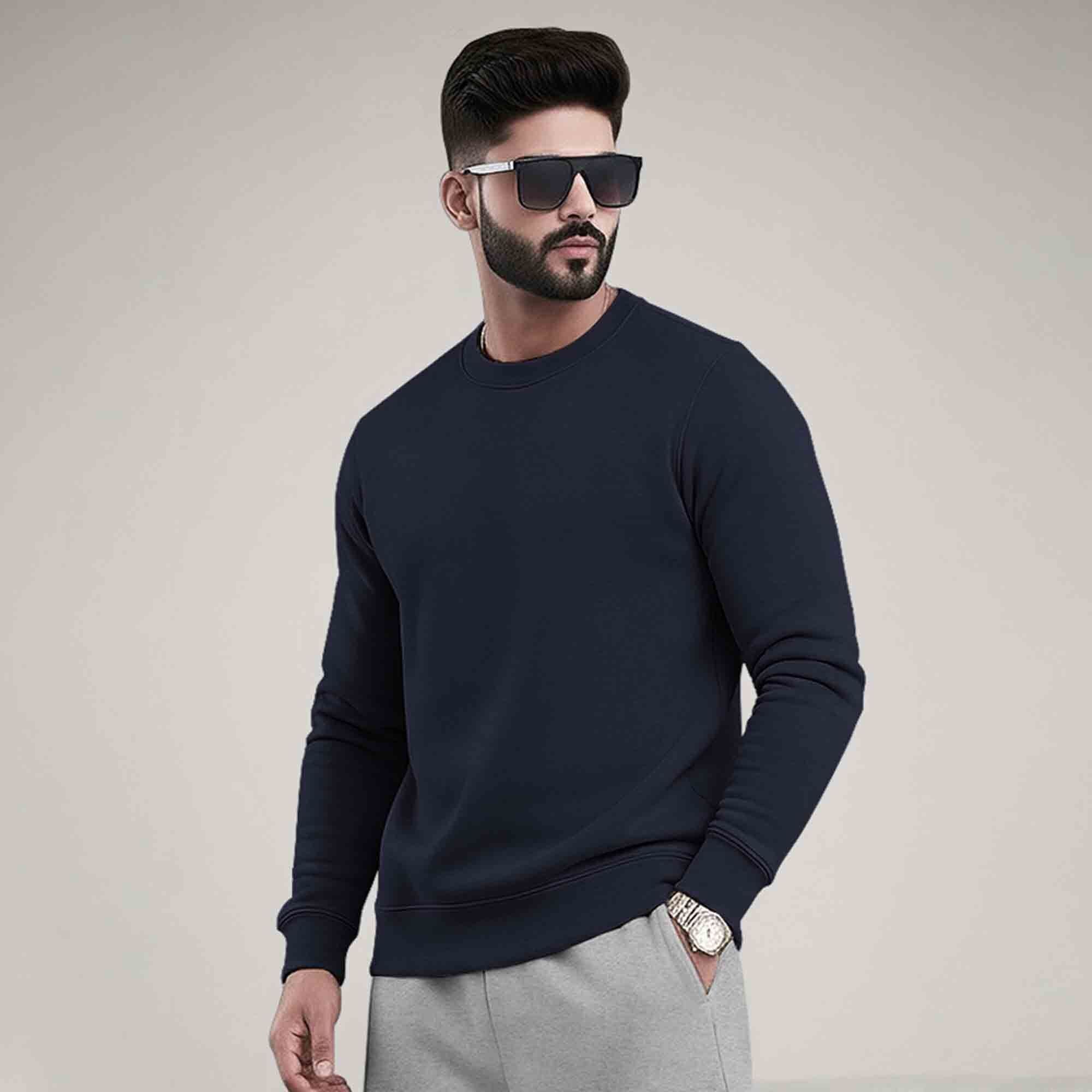 PLAIN NAVY BLUE MEN REGULAR FIT CASUAL SWEATSHIRT