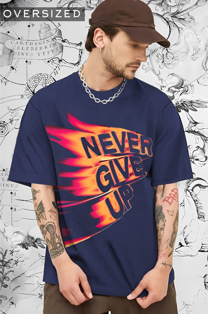 Men navy blue Never Give Up Quote Printed T-Shirt