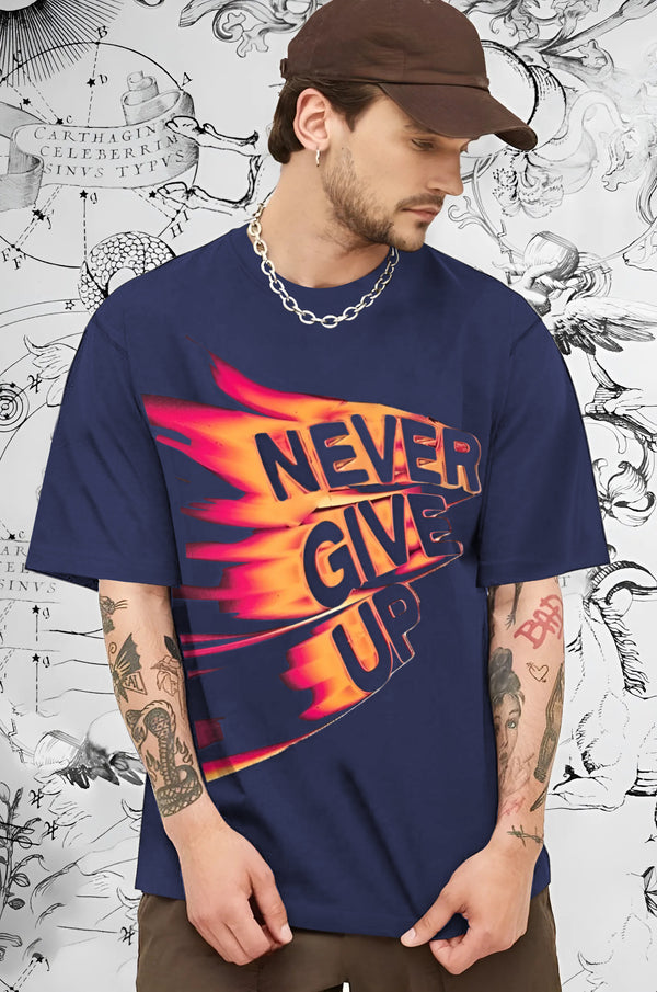 Men navy blue Never Give Up Quote Printed T-Shirt