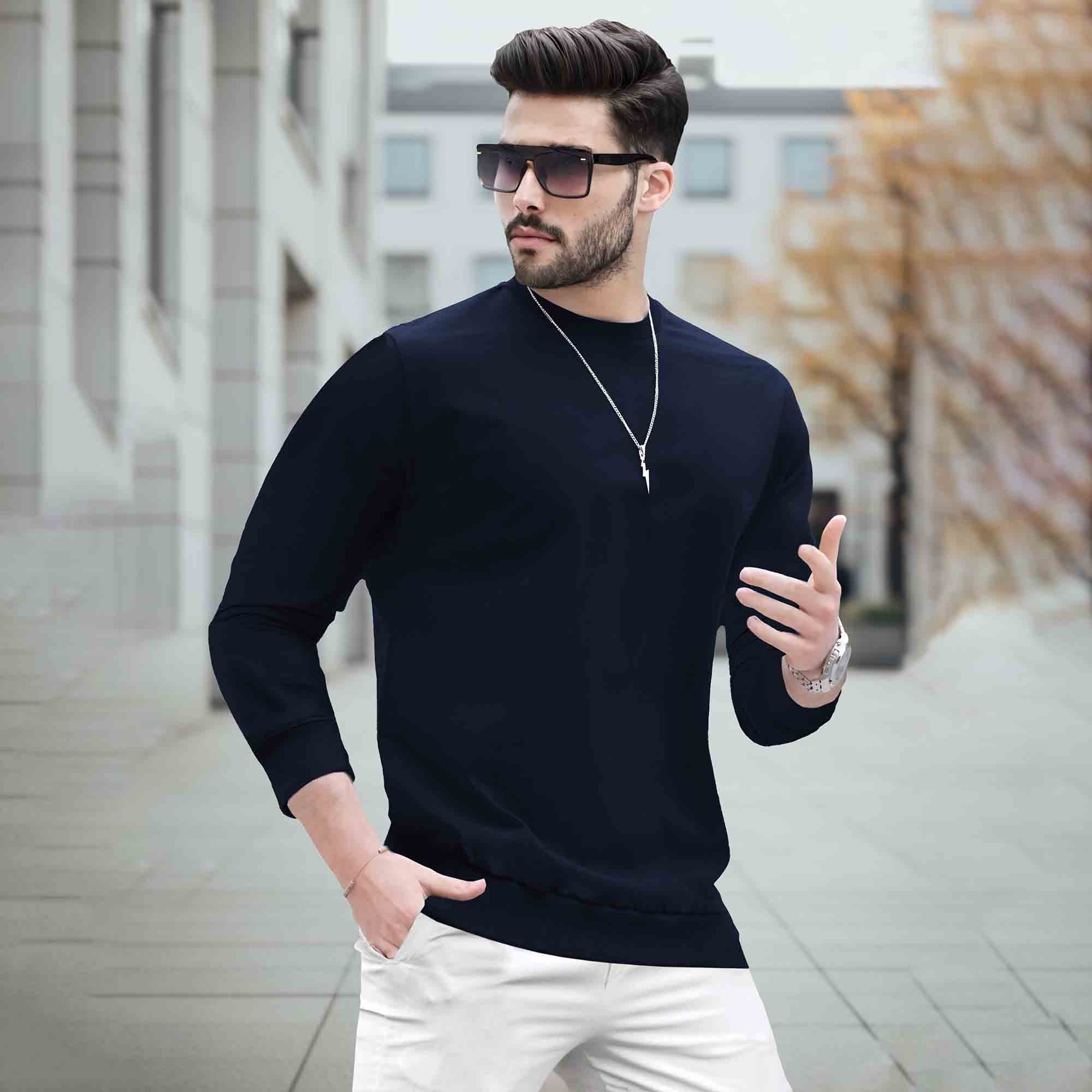Mens Round Neck Full Sleeve Plain Navy Blue T-shirt