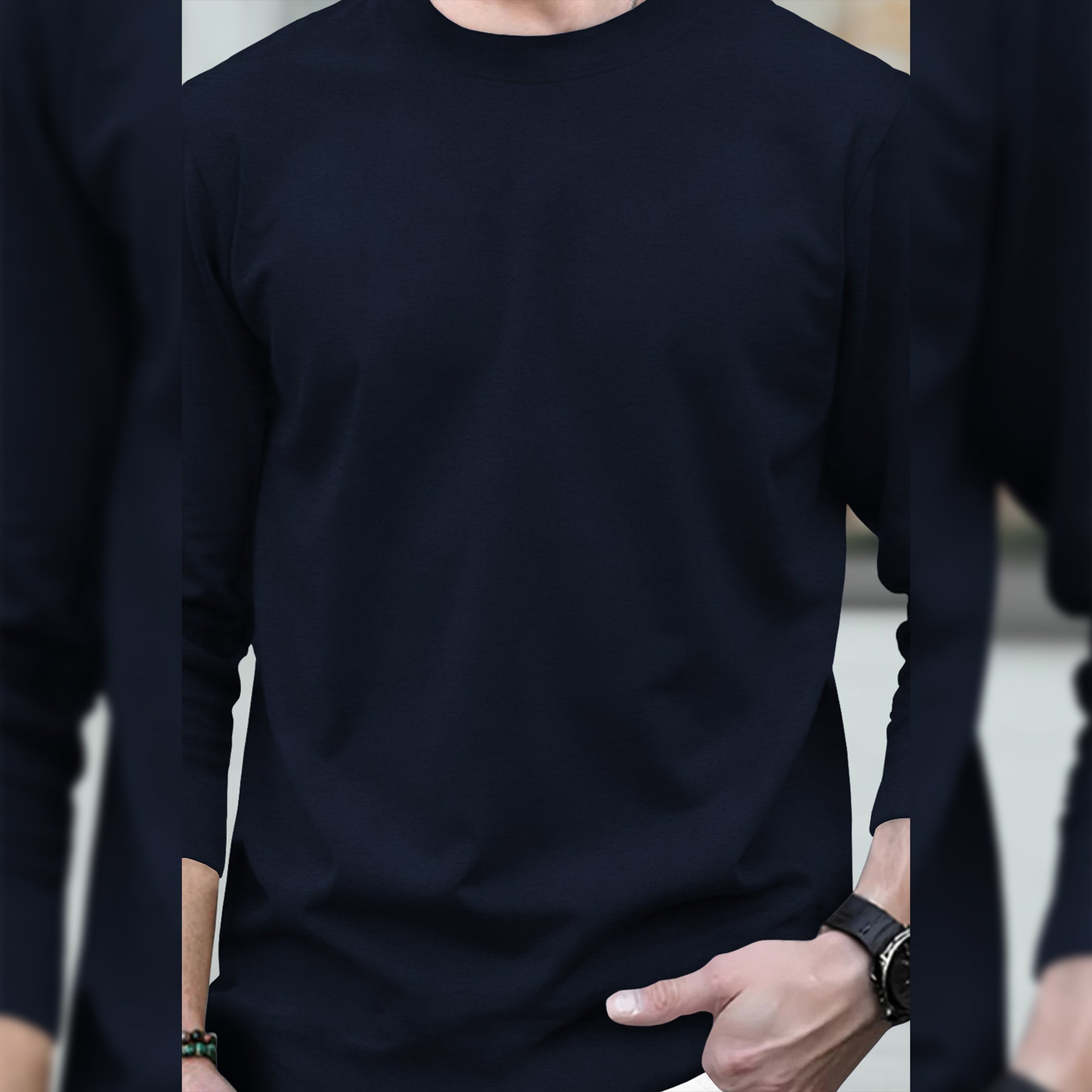 Mens Round Neck Full Sleeve Plain Navy Blue T-shirt