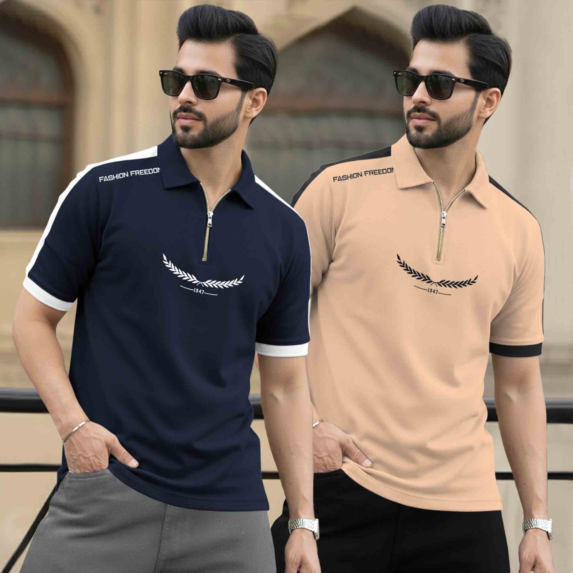 (Pack Of 2) Quarter Zip Polo Neck Printed Tshirts - 12 Variants