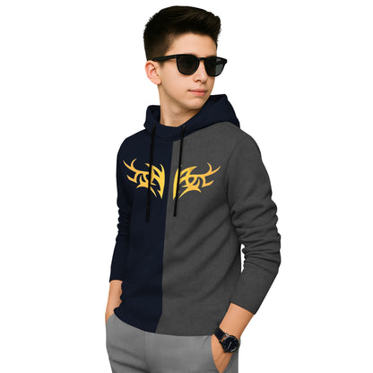 Boys Full Sleeve Hooded Dual Color T-shirt Navyblue & Darkgrey