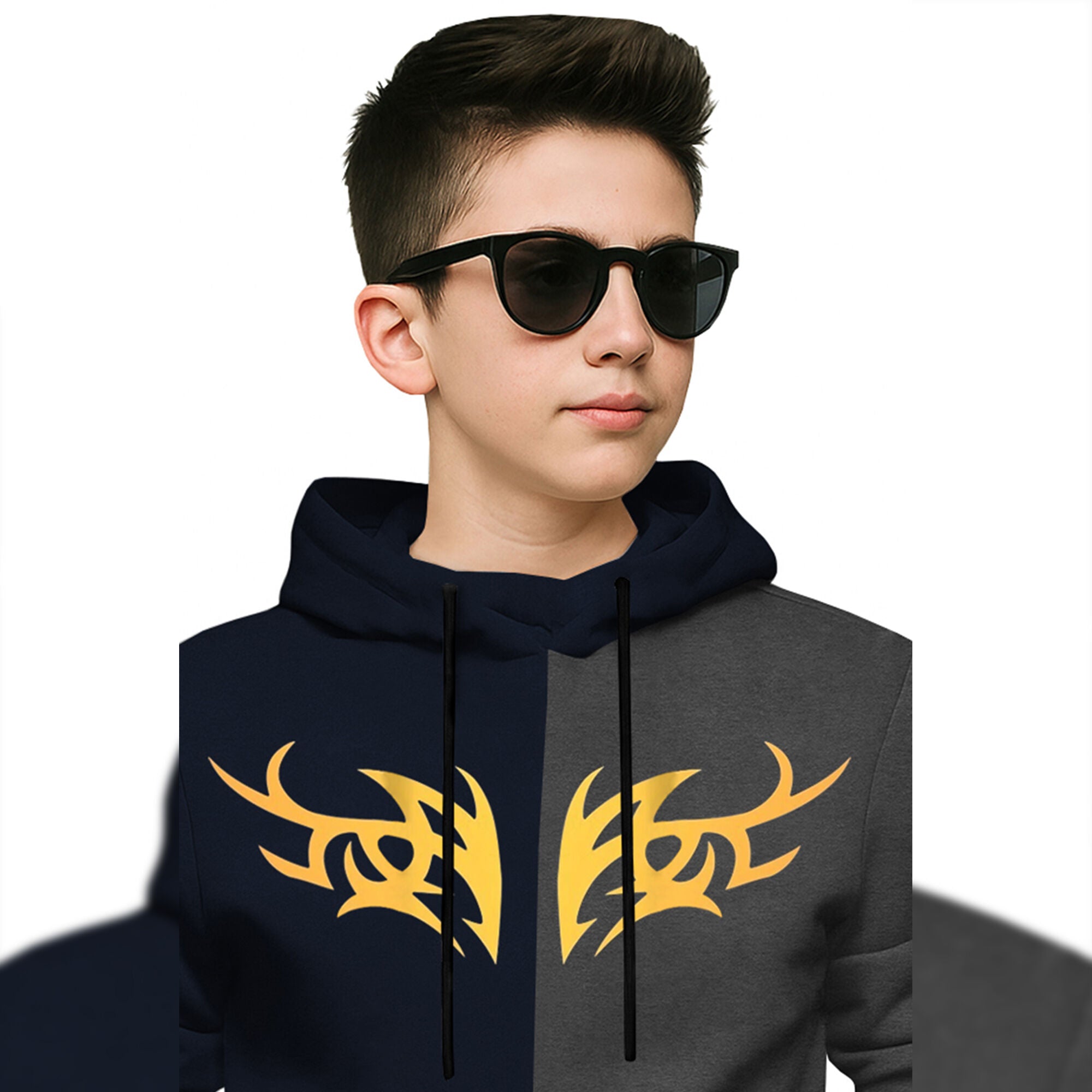 Boys Full Sleeve Hooded Dual Color T-shirt Navyblue & Darkgrey