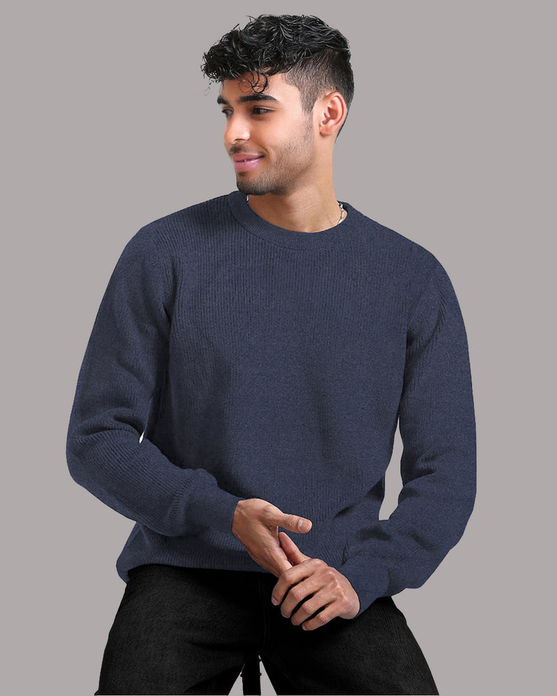 Men Plain Round Neck Casual Sweater / Navyblue