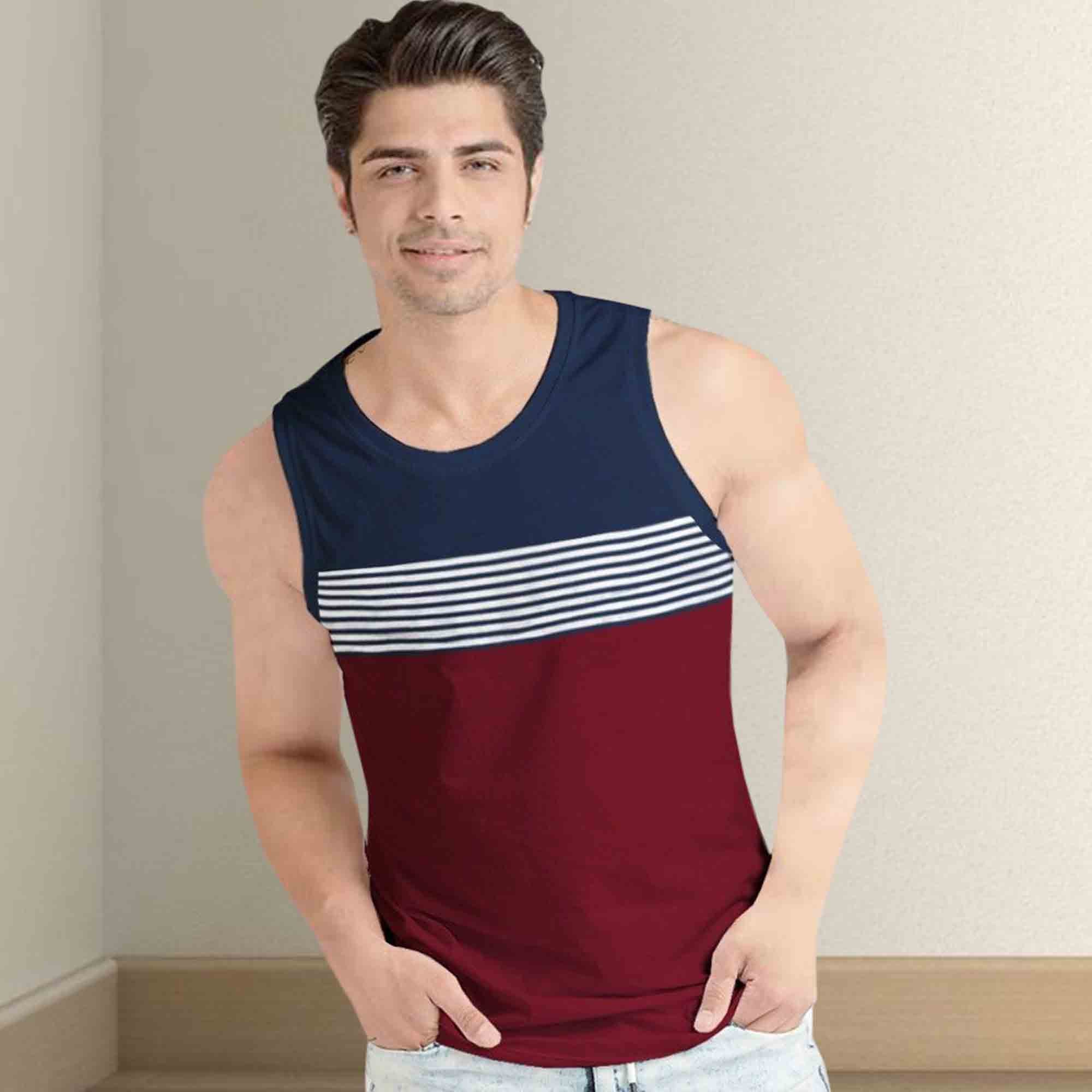 Men Navy-Maroon Striped Vest