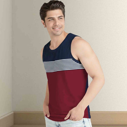 Men Navy-Maroon Striped Vest