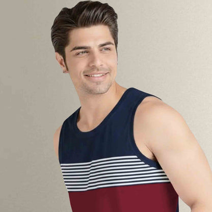 Men Navy-Maroon Striped Vest