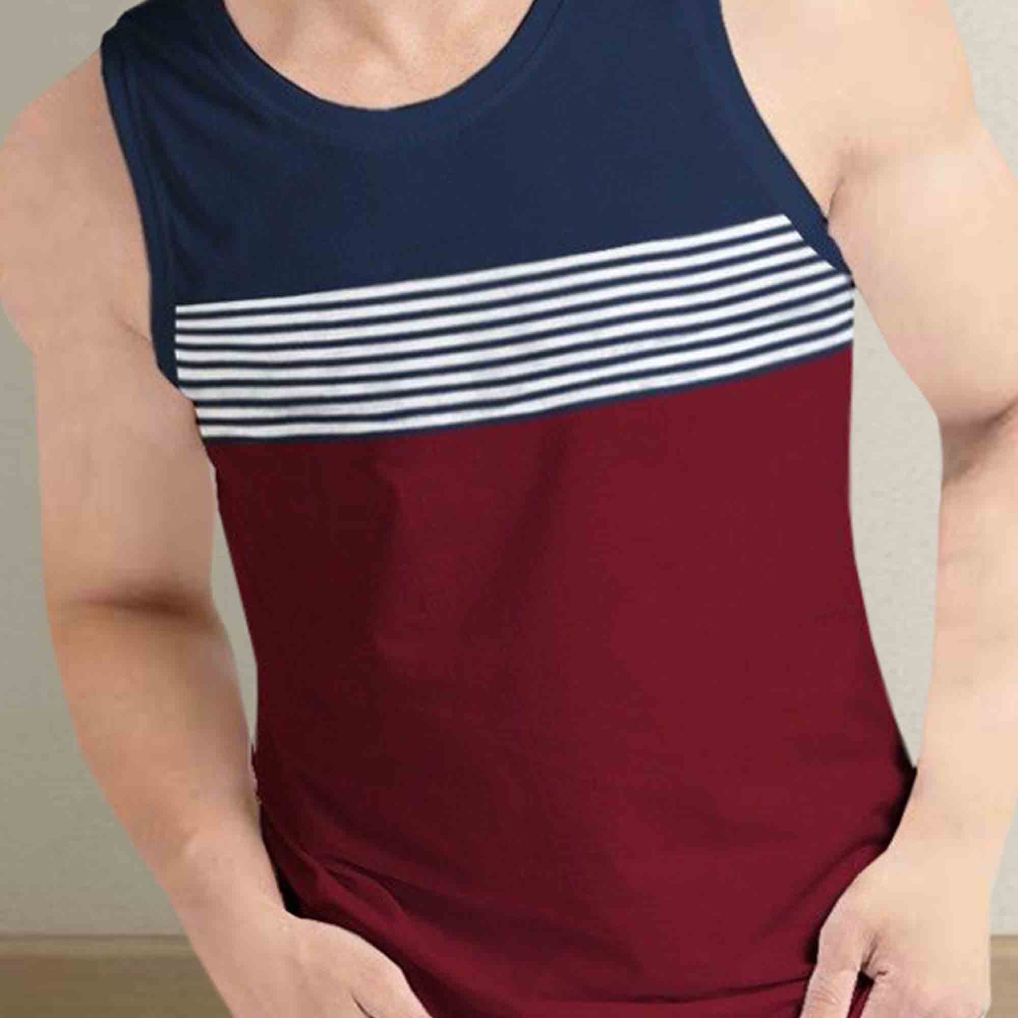 Men Navy-Maroon Striped Vest