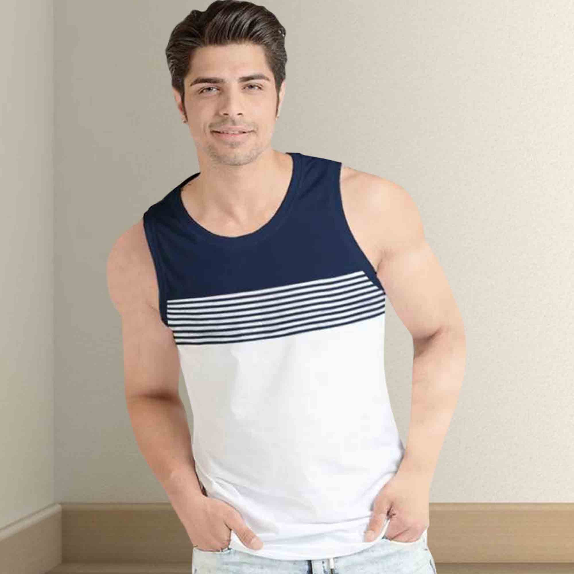 Men Navy White Melange Striped Vest