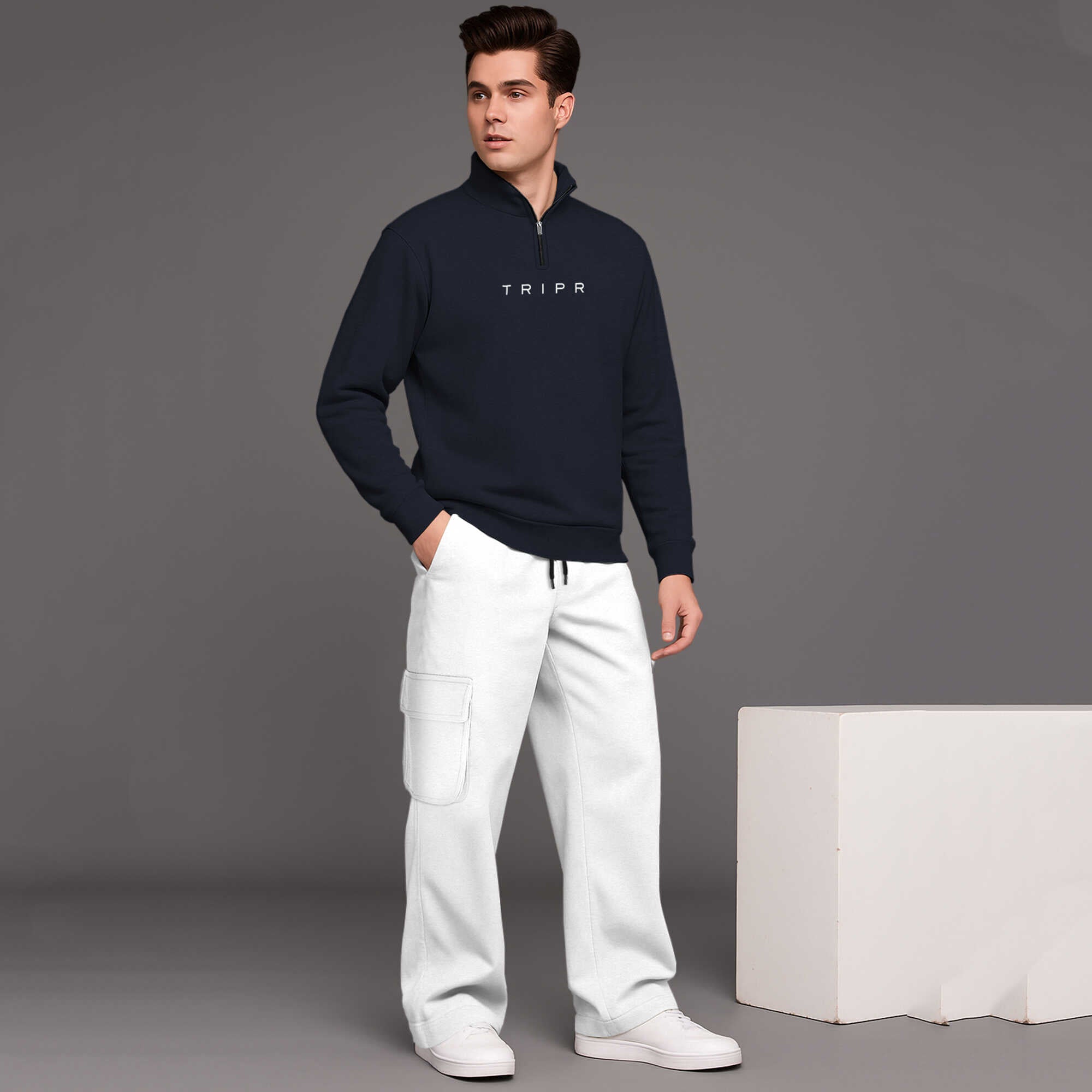 High Neck Sweatshirt & Baggy Cargo Plain Winter Outfits