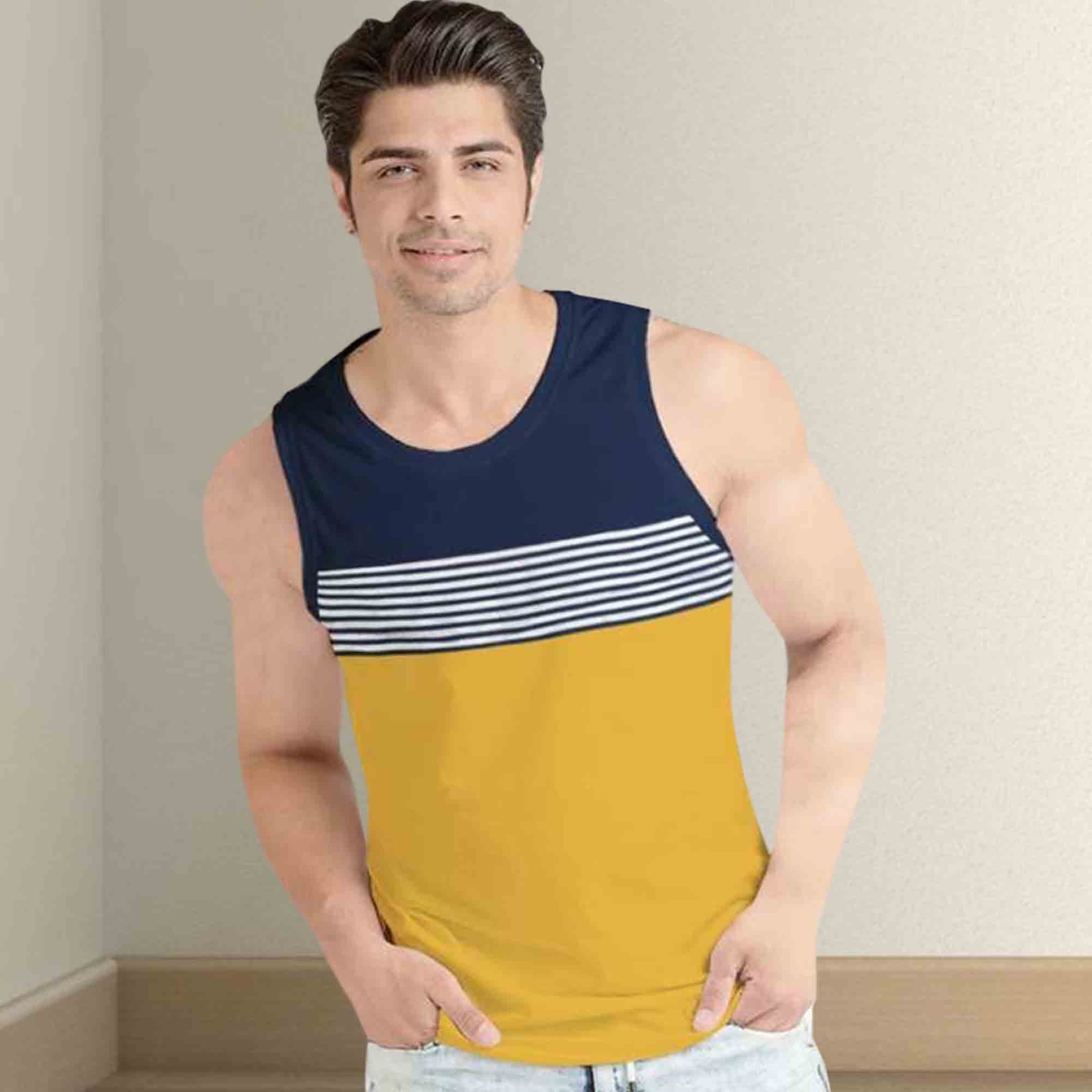 Men Navy-Yellow Striped Vest
