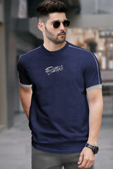 Men Round Neck Navy Blue Grey Piping T-Shirt