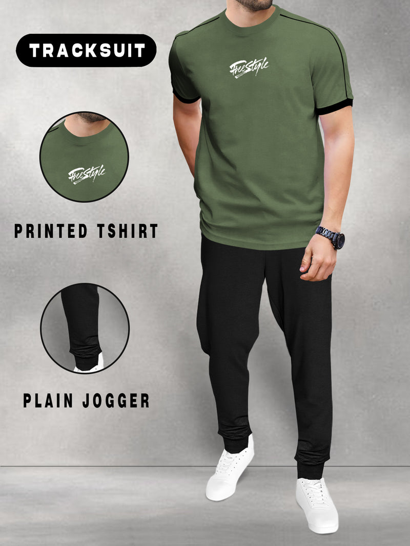 Mens Tracksuit - Olive green Half Sleeve T-shirt & black Jogger