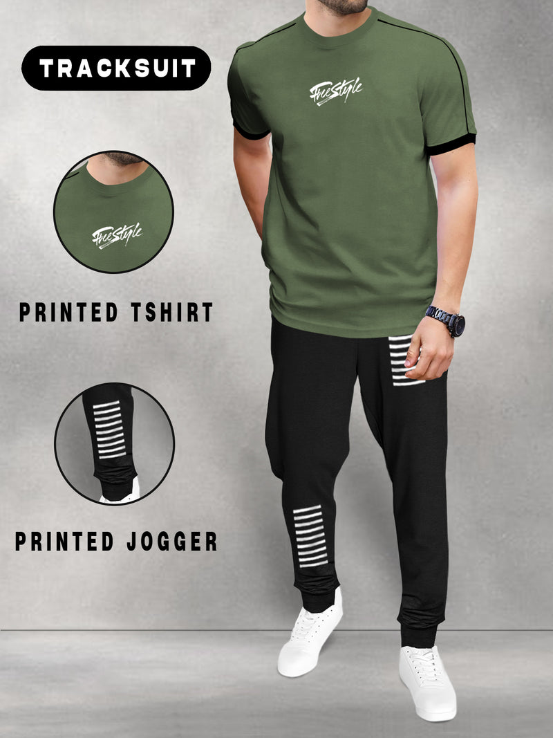 mens tracksuit Olive Green t-shirt and Black jogger