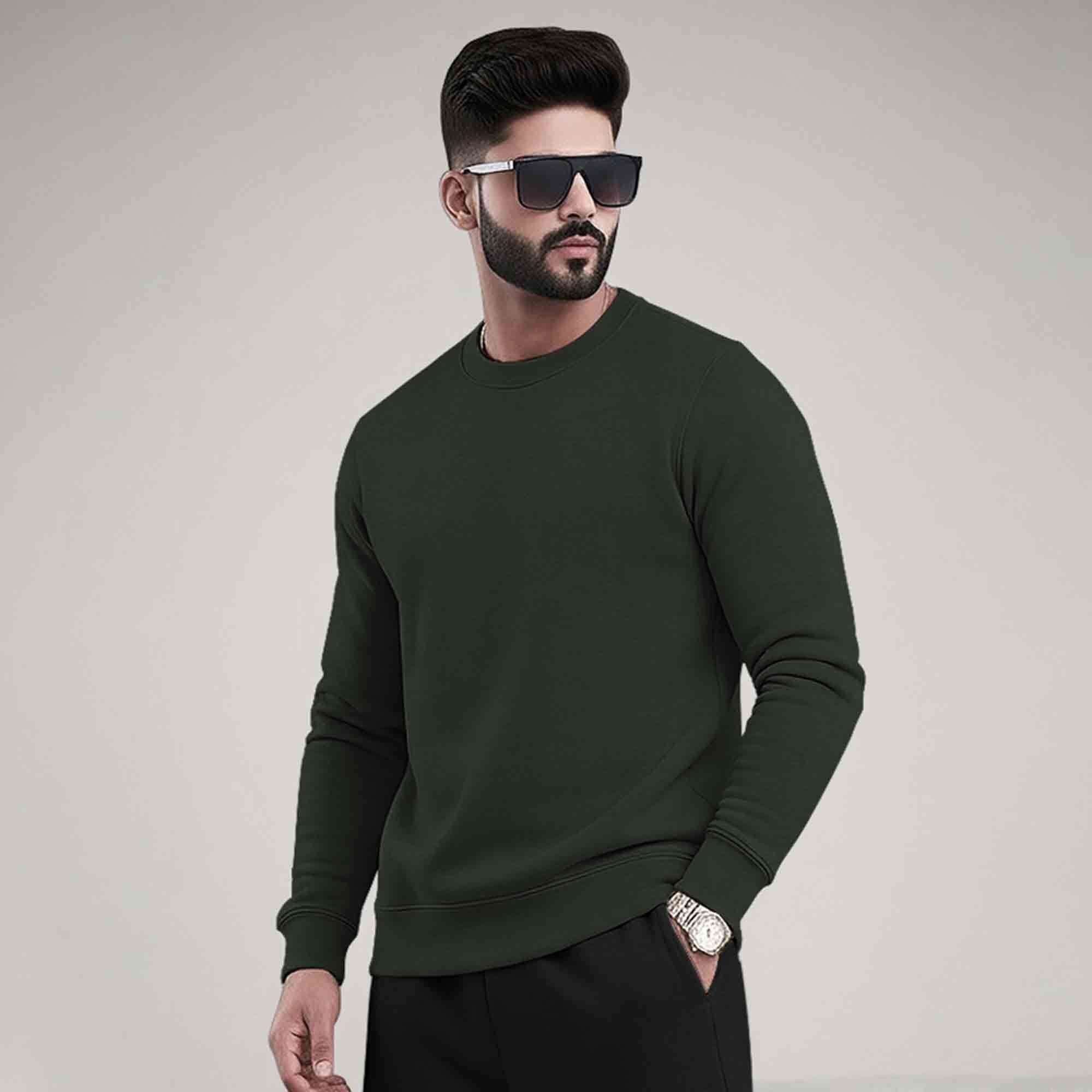 PLAIN OLIVE GREEN MEN REGULAR FIT CASUAL SWEATSHIRT