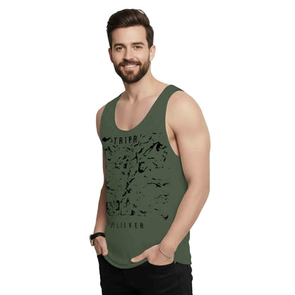 Men Sleeveless Olive Green Printed Vest