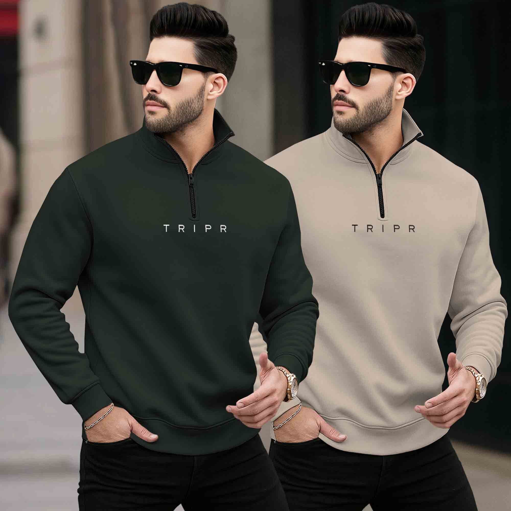 (Pack of 2) Mens Plain High Neck Sweatshirts Olive & Beige