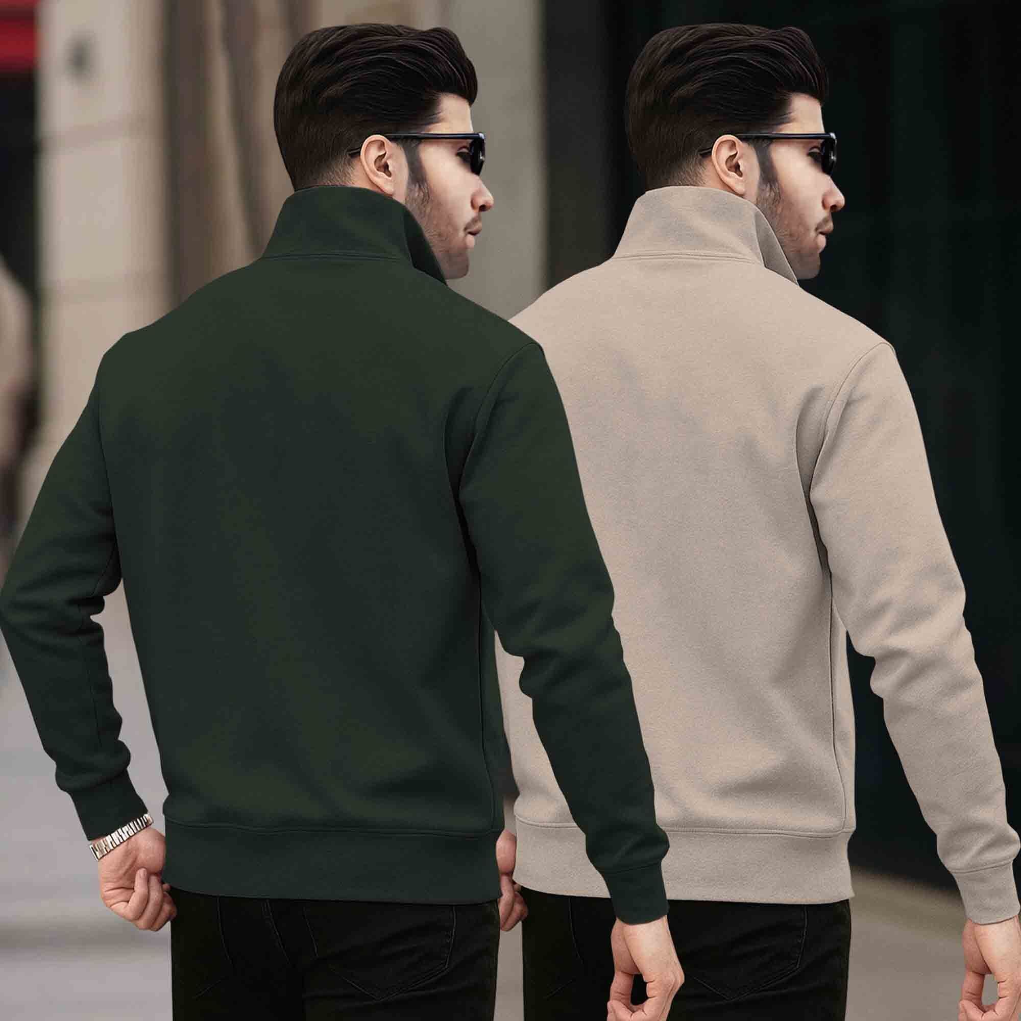 (Pack of 2) Mens Plain High Neck Sweatshirts Olive & Beige